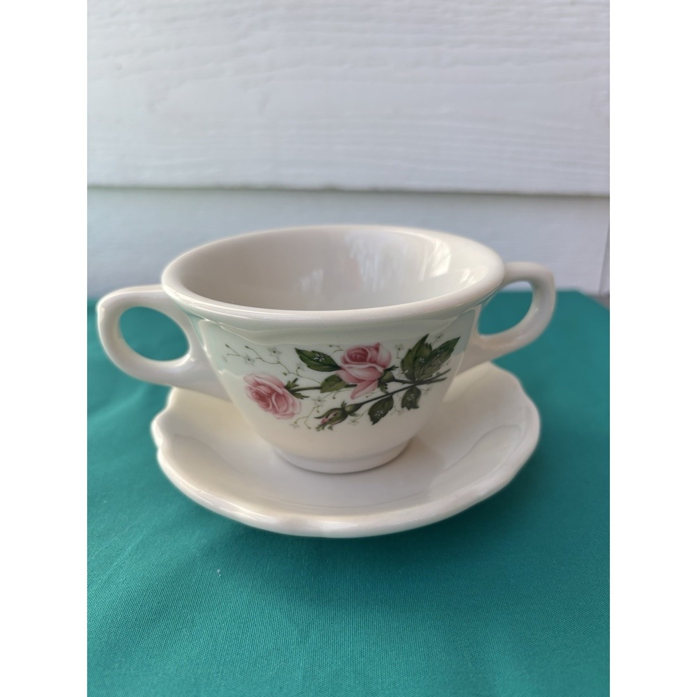 2 Handled Cup & Saucer By Jackson China Roses Floral Restaurant Ware Vintage